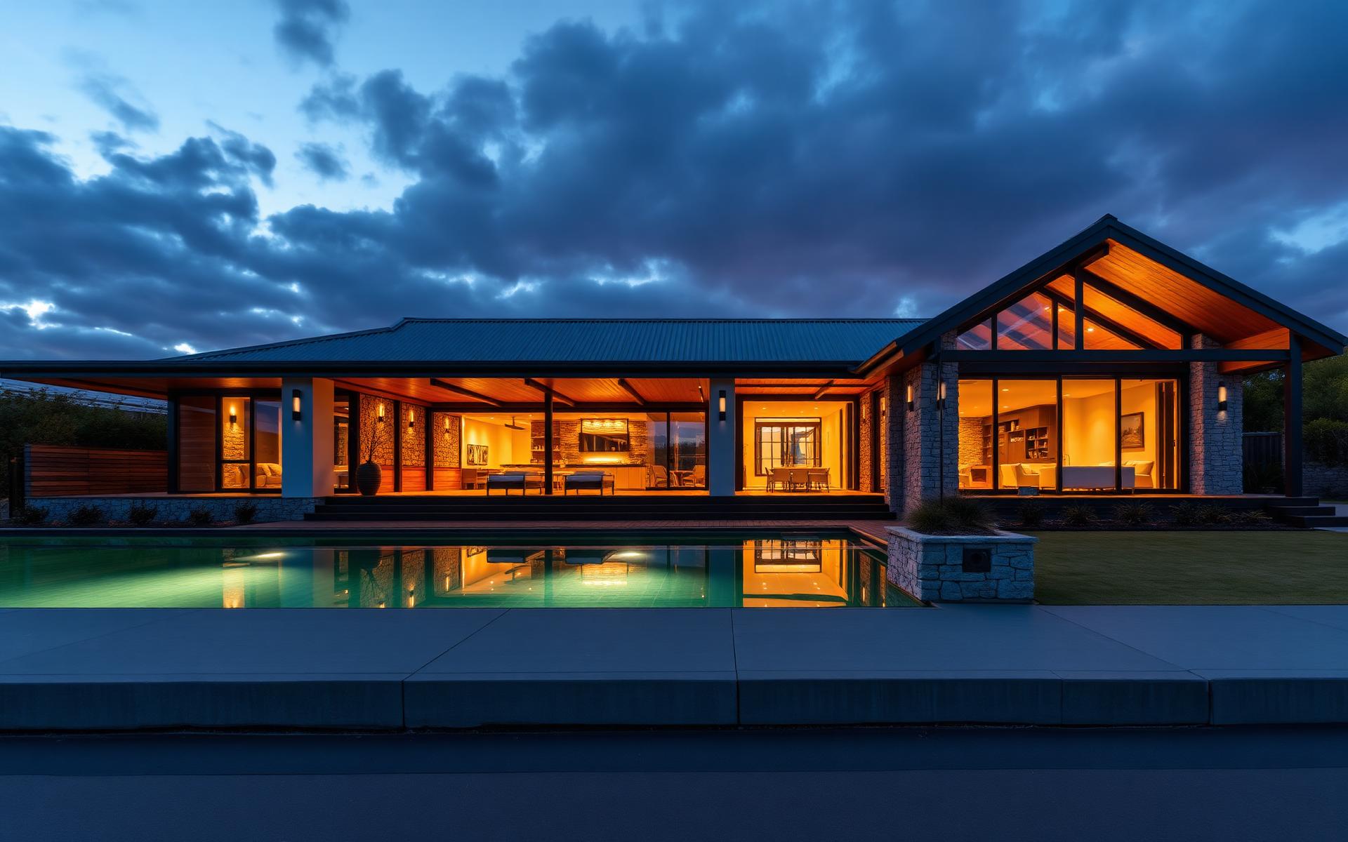 Modern Australian home built by Firefox Homes at dusk